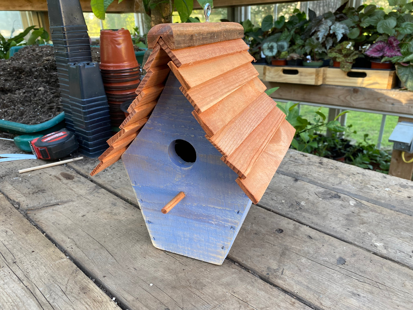 Handmade Birdhouse for Outdoor Use - Cornflower Blue Milk Paint and Stained Roof