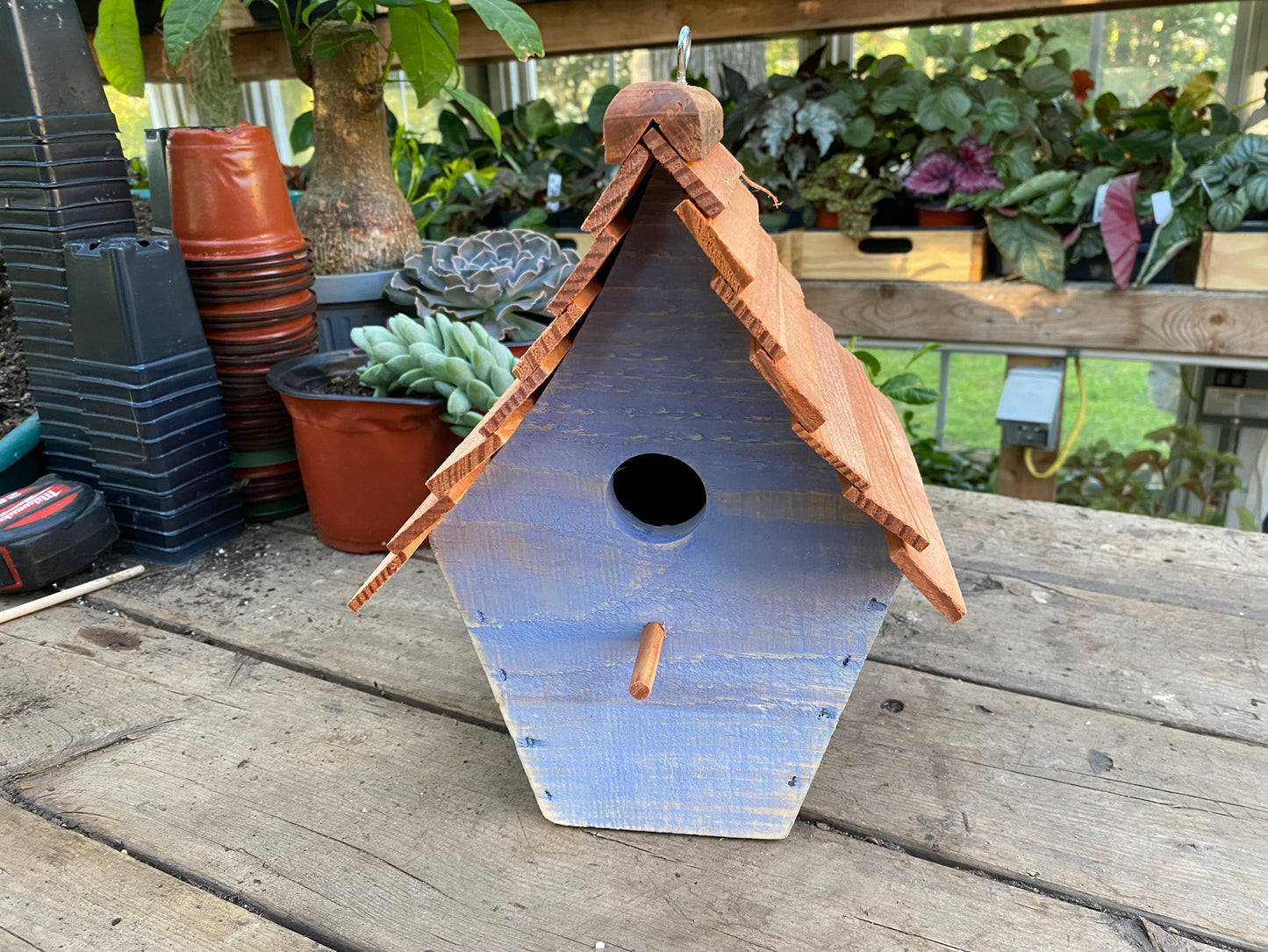 Handmade Birdhouse for Outdoor Use - Cornflower Blue Milk Paint and Stained Roof