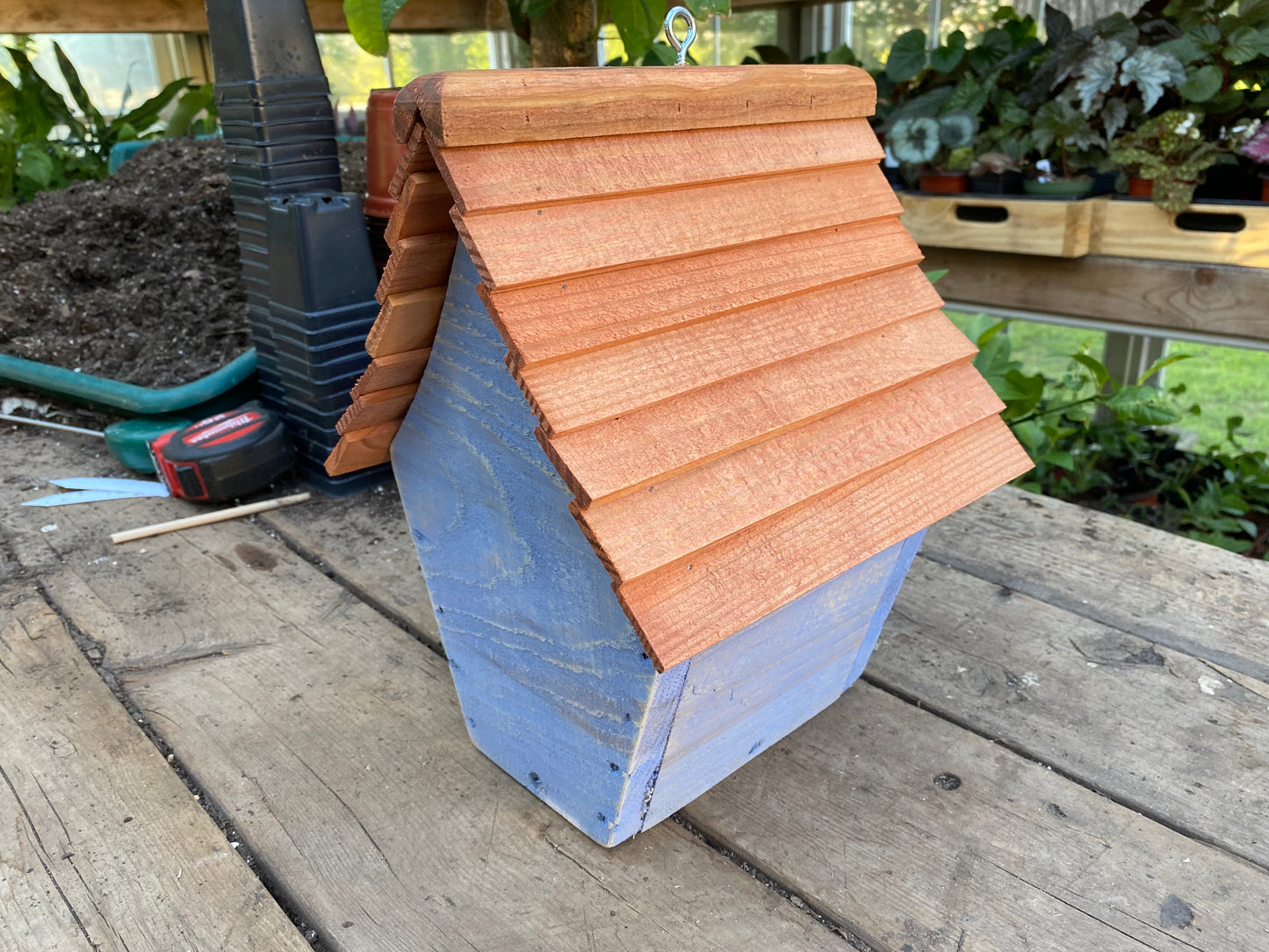 Handmade Birdhouse for Outdoor Use - Cornflower Blue Milk Paint and Stained Roof