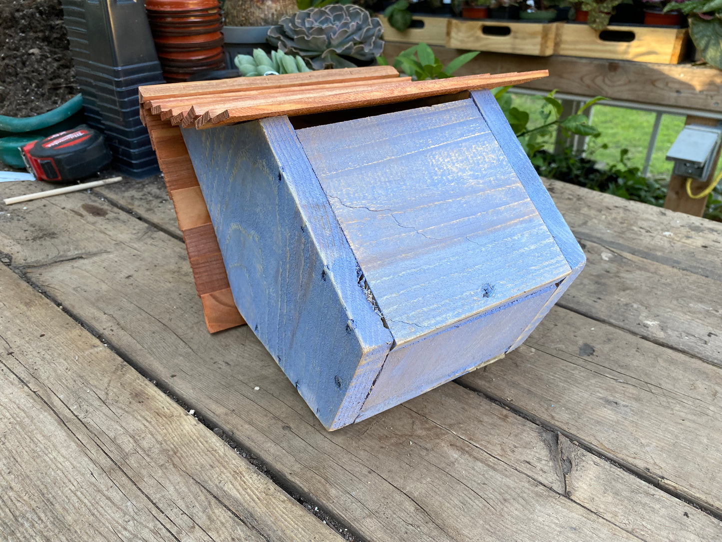 Handmade Birdhouse for Outdoor Use - Cornflower Blue Milk Paint and Stained Roof