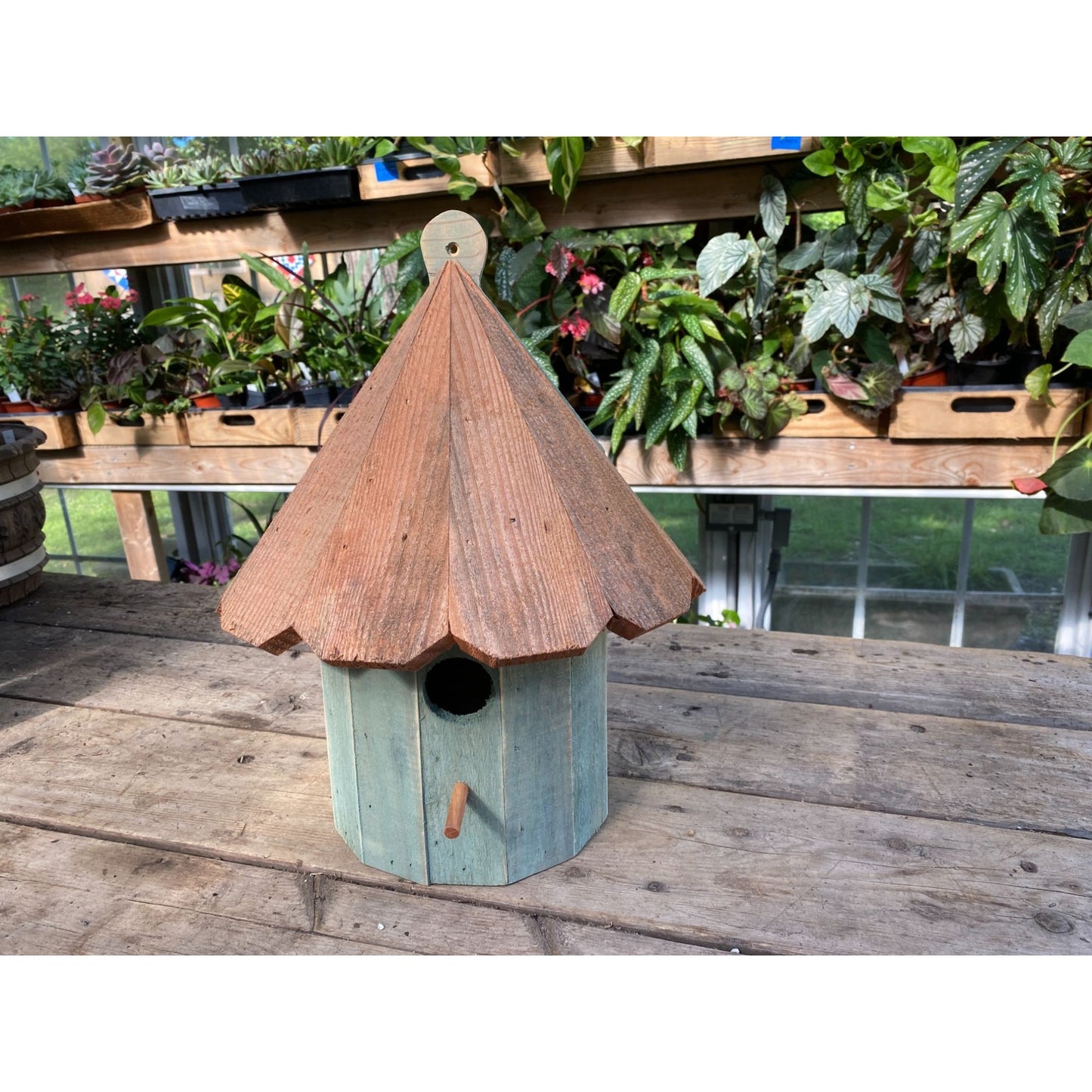 Handmade Birdhouse for Outdoor Use 1/2 Round Blue Spruce with Stained Roof