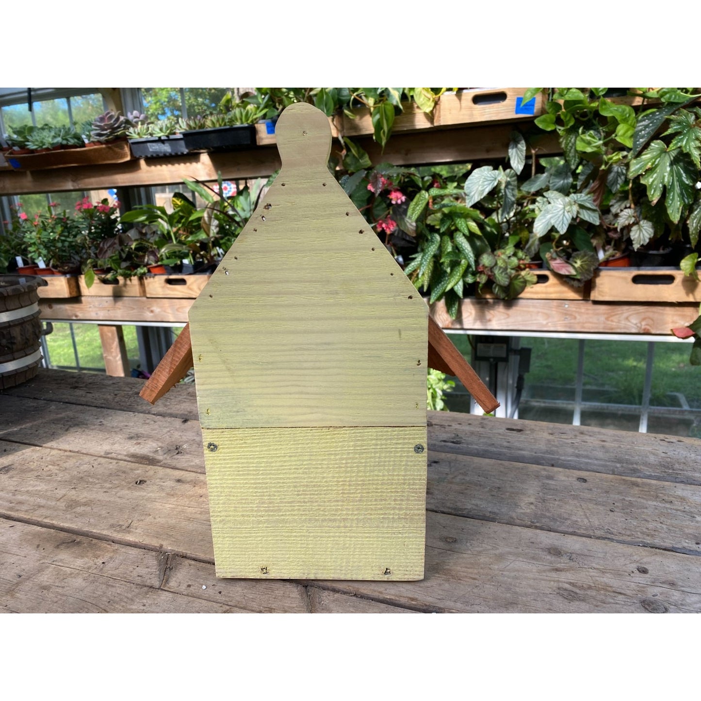 Handmade Birdhouse for Outdoor Use 1/2 Round Buttercup Yellow with Stained Roof