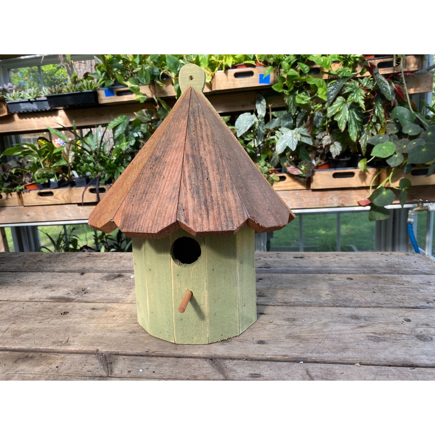 Handmade Birdhouse for Outdoor Use 1/2 Round Bayberry Green with Stained Roof