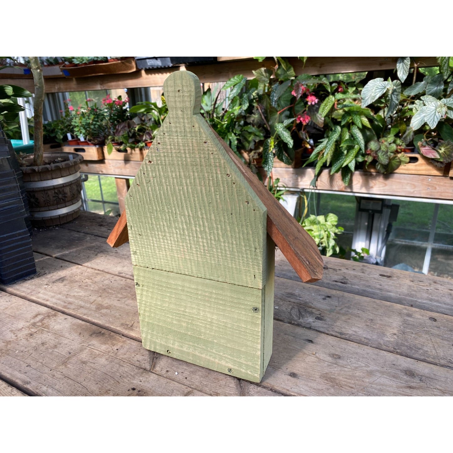 Handmade Birdhouse for Outdoor Use 1/2 Round Bayberry Green with Stained Roof