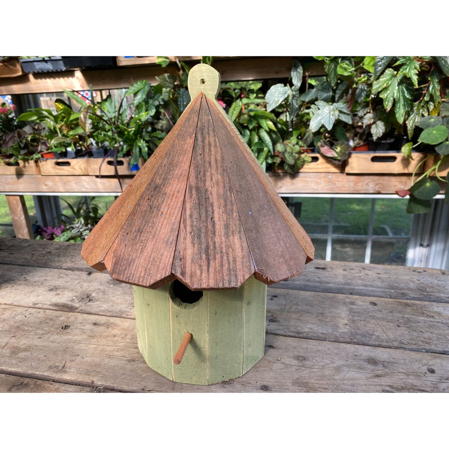 Handmade Birdhouse for Outdoor Use 1/2 Round Bayberry Green with Stained Roof