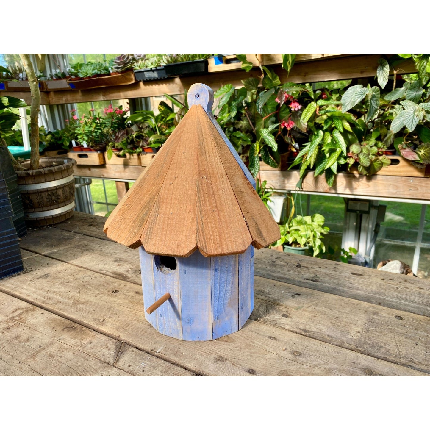 Handmade Birdhouse for Outdoor Use 1/2 Round Cornflower Blue with Stained Roof