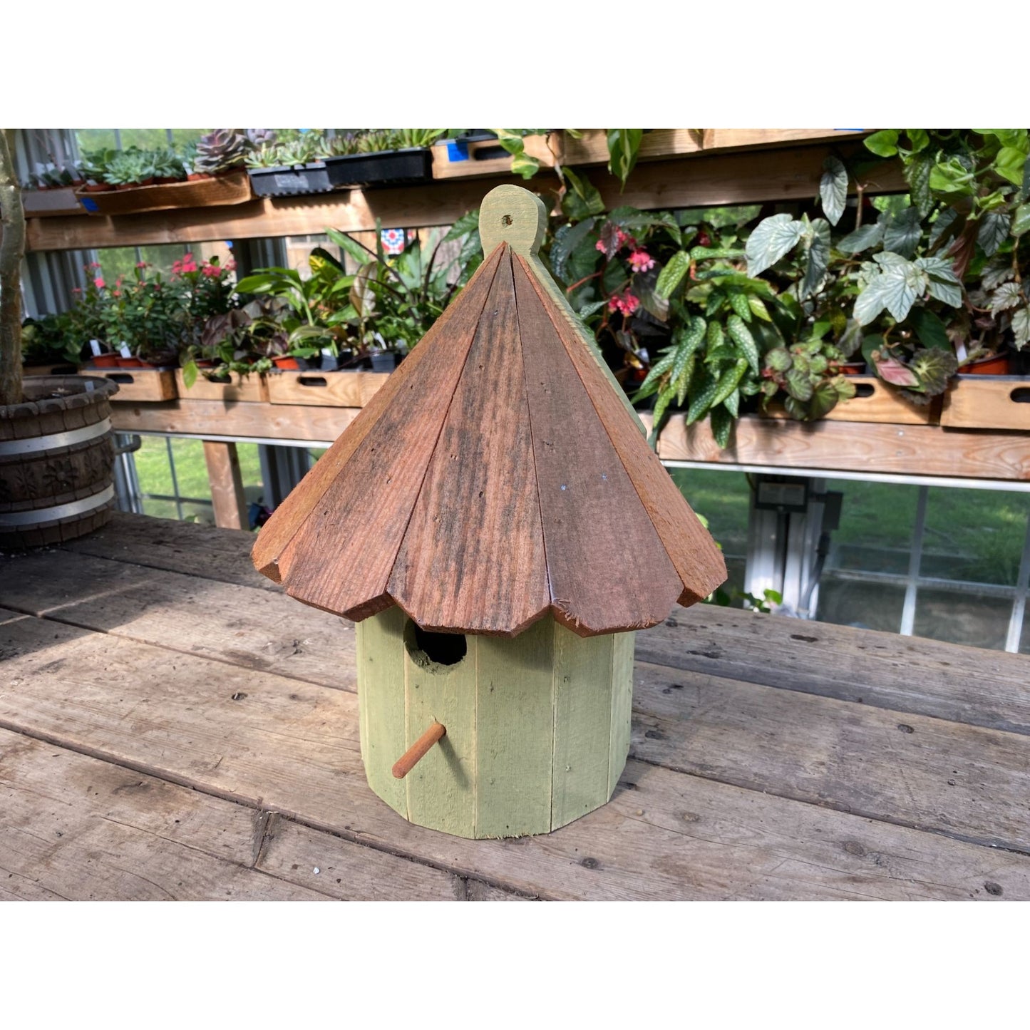 Handmade Birdhouse for Outdoor Use 1/2 Round Bayberry Green with Stained Roof