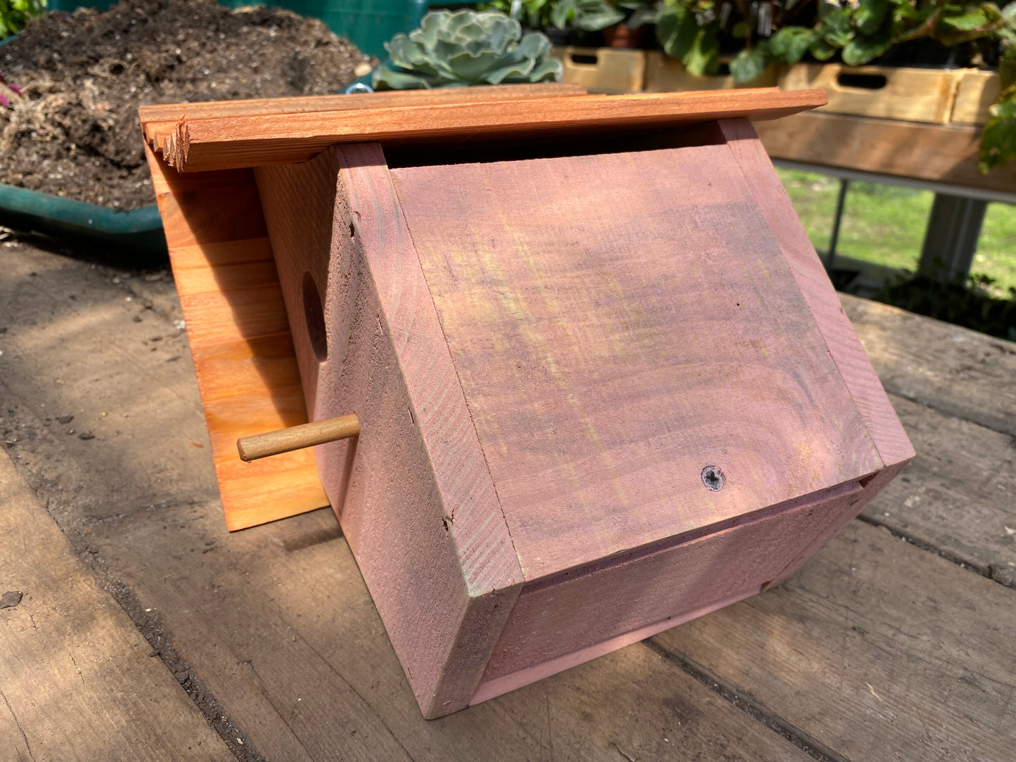 Handmade Birdhouse for Outdoor Use - Sweet Rose Pink Milk Paint and Stained Roof