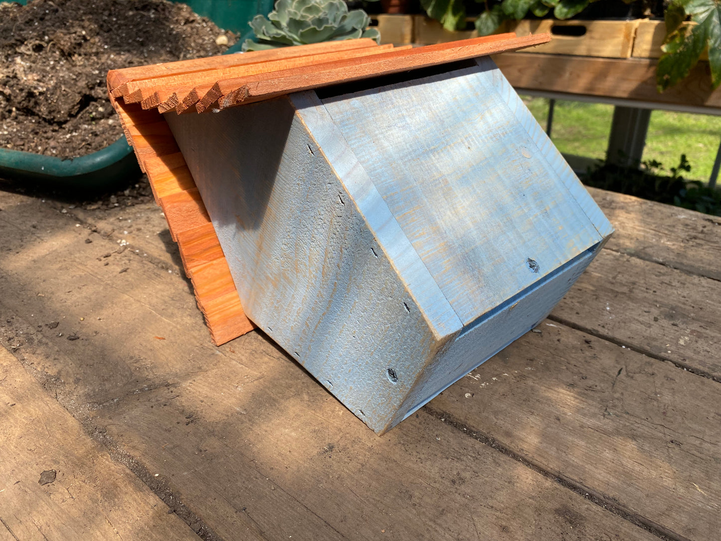 Handmade Birdhouse for Outdoor Use - Skimmed Blue Milk Paint and Stained Roof