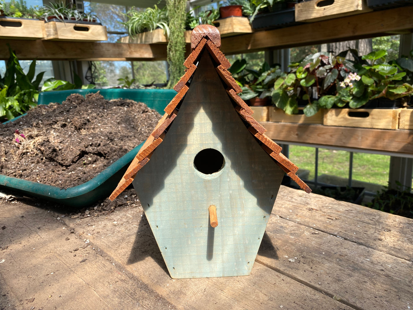 Handmade Birdhouse for Outdoor Use - Blue Spruce Milk Paint and Stained Roof