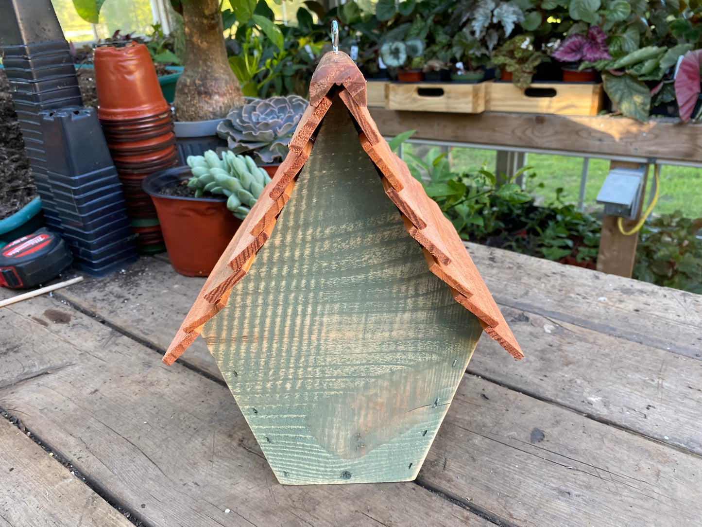 Handmade Birdhouse for Outdoor Use - Lexington Green Milk Paint and Stained Roof