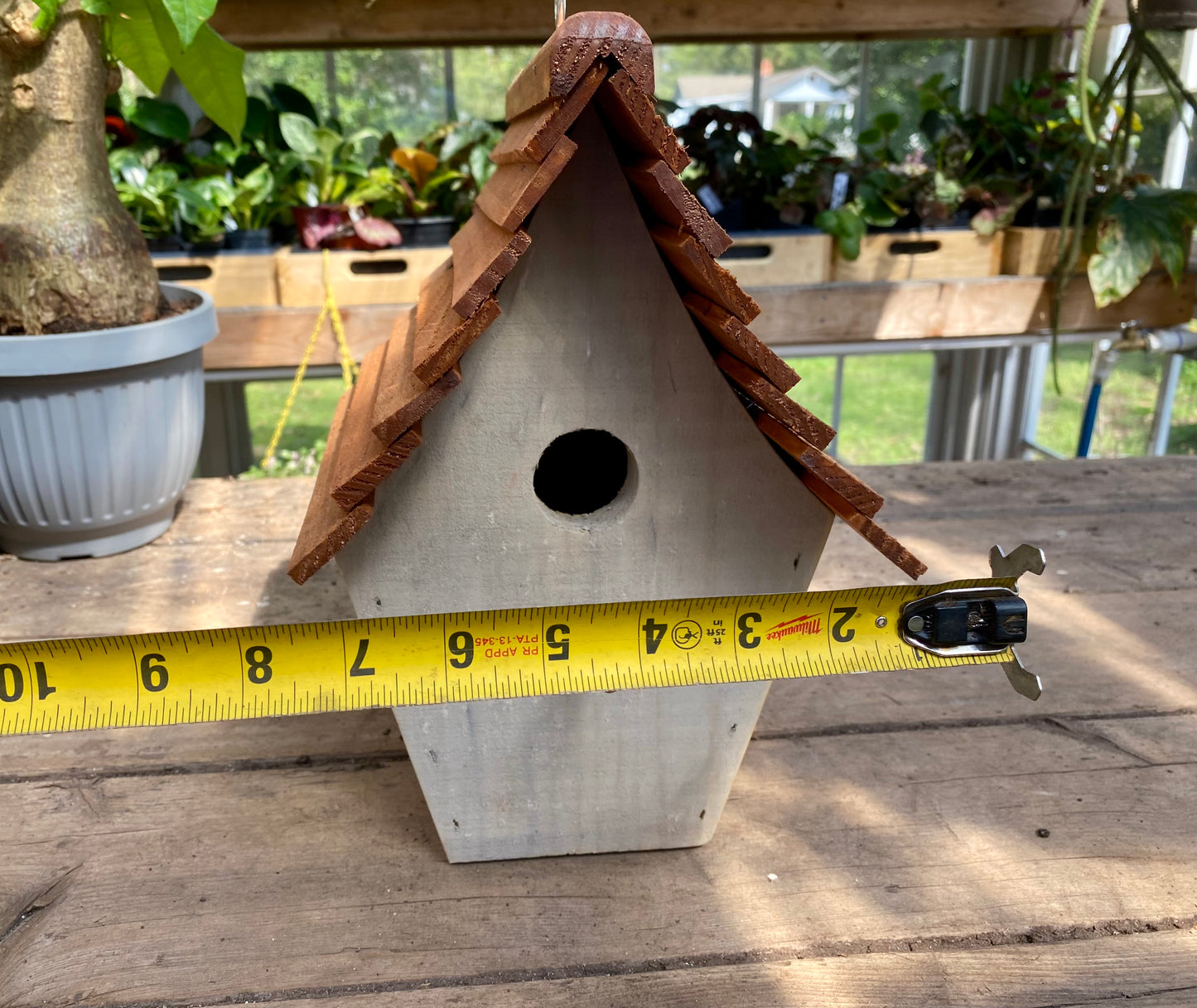 Handmade Birdhouse for Outdoor Use - Dove Gray Milk Paint and Stain Roof