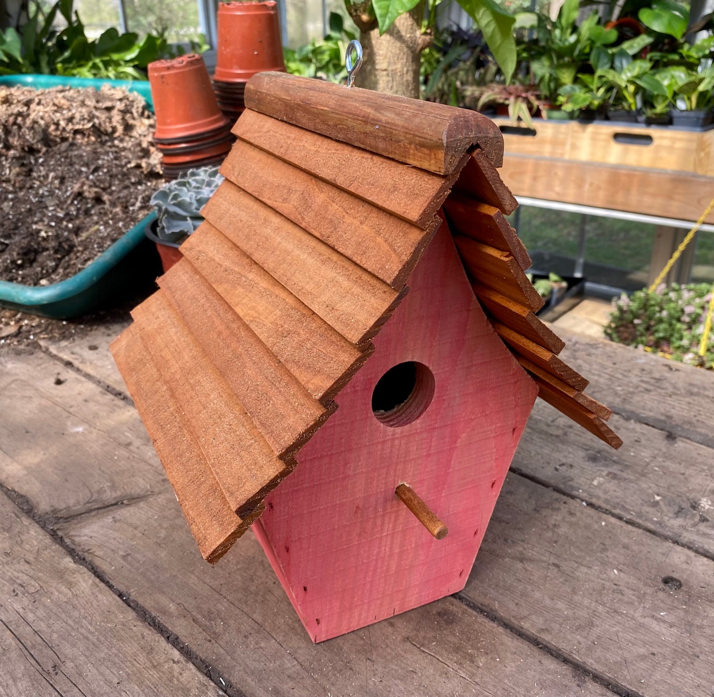 Handmade Birdhouse for Outdoor Use - Real Red Milk Paint and Stained Roof