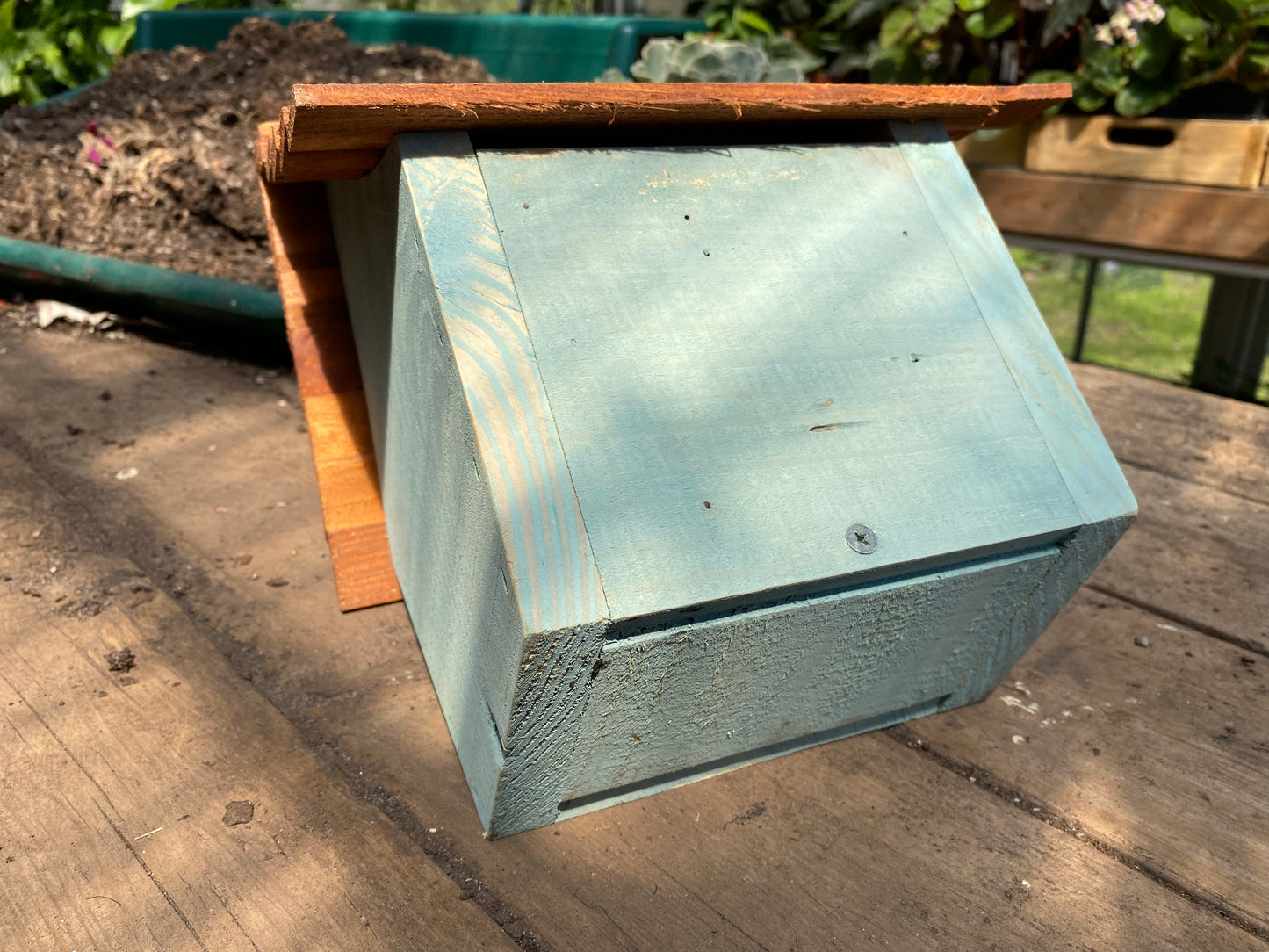 Handmade Birdhouse for Outdoor Use - Blue Spruce Milk Paint and Stained Roof