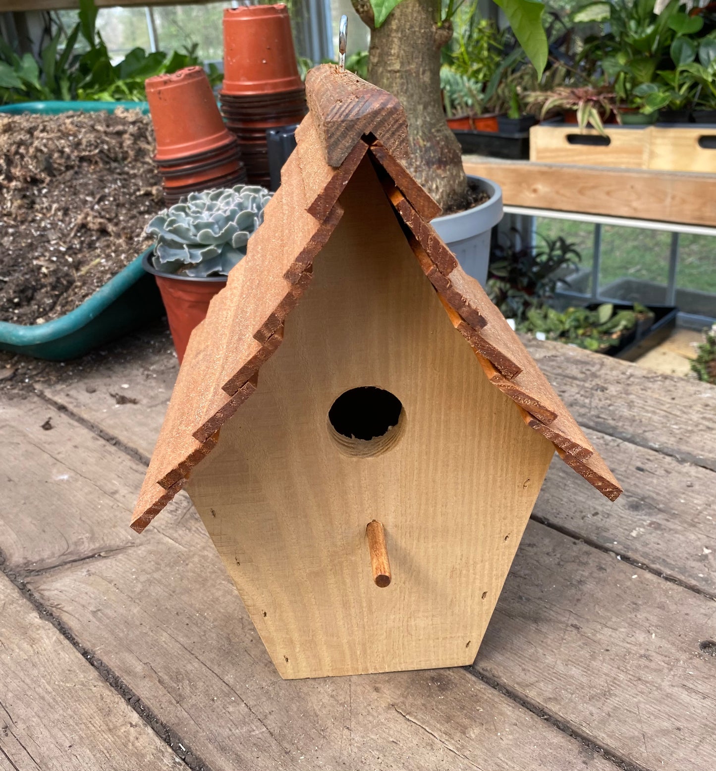 Handmade Birdhouse for Outdoor Use - Fresh Peach Milk Paint and Stained Roof