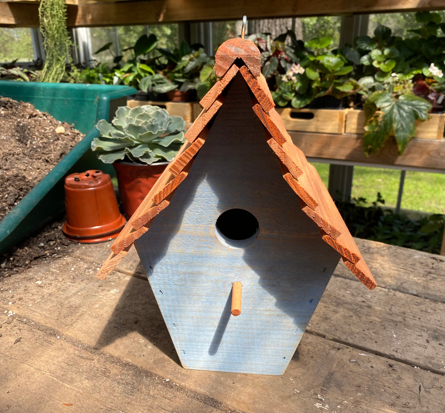 Handmade Birdhouse for Outdoor Use - Skimmed Blue Milk Paint and Stained Roof