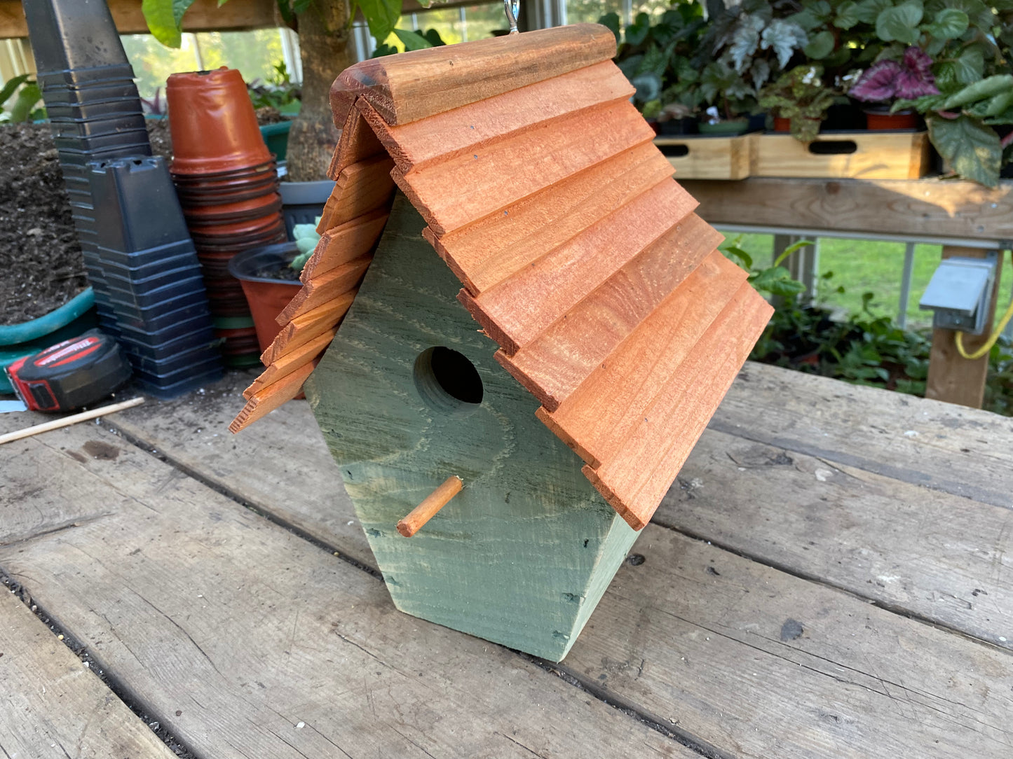 Handmade Birdhouse for Outdoor Use - Lexington Green Milk Paint and Stained Roof