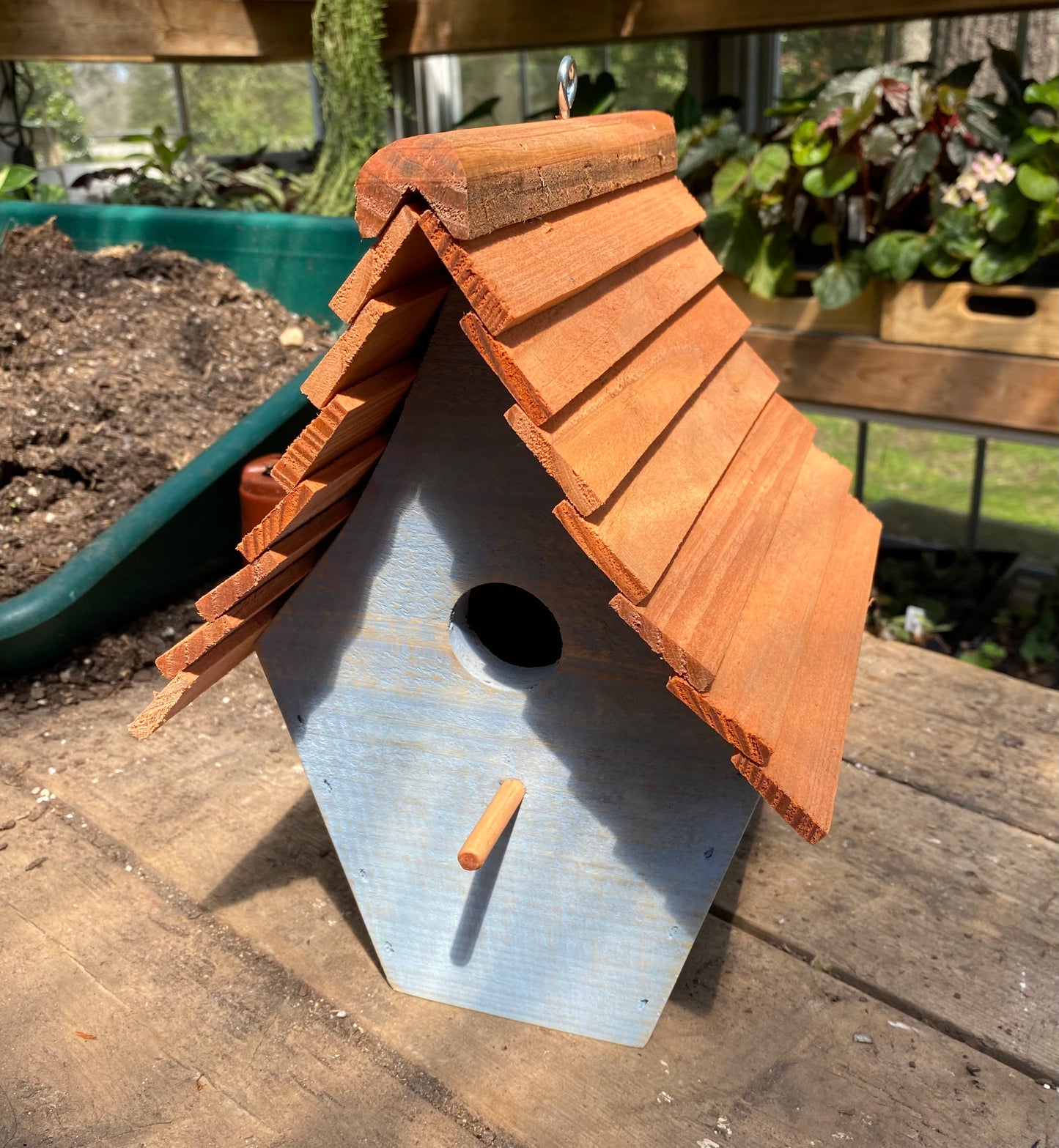 Handmade Birdhouse for Outdoor Use - Skimmed Blue Milk Paint and Stained Roof