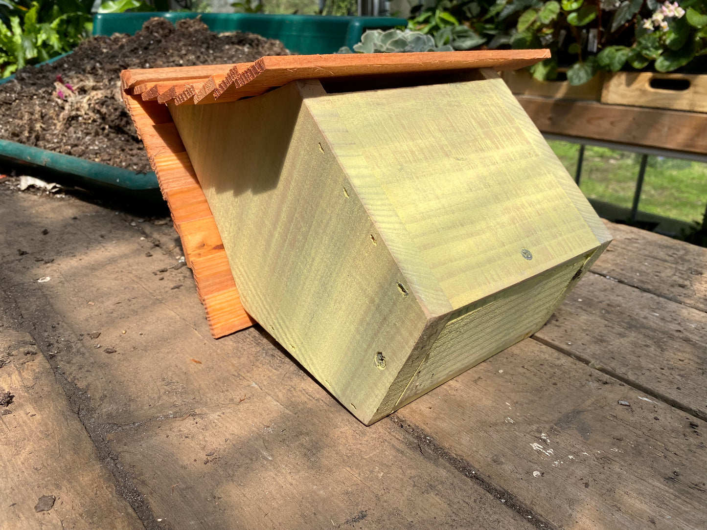 Handmade Birdhouse for Outdoor Use - Buttercup Yellow Milk Paint and Stained Roof