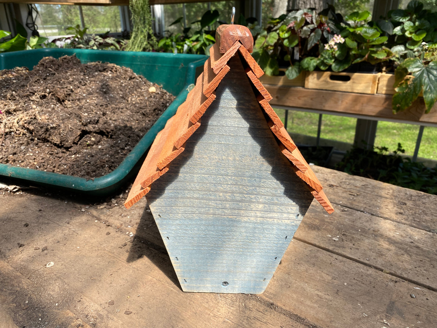 Handmade Birdhouse for Outdoor Use - Meetinghouse Blue Milk Paint and Stained Roof