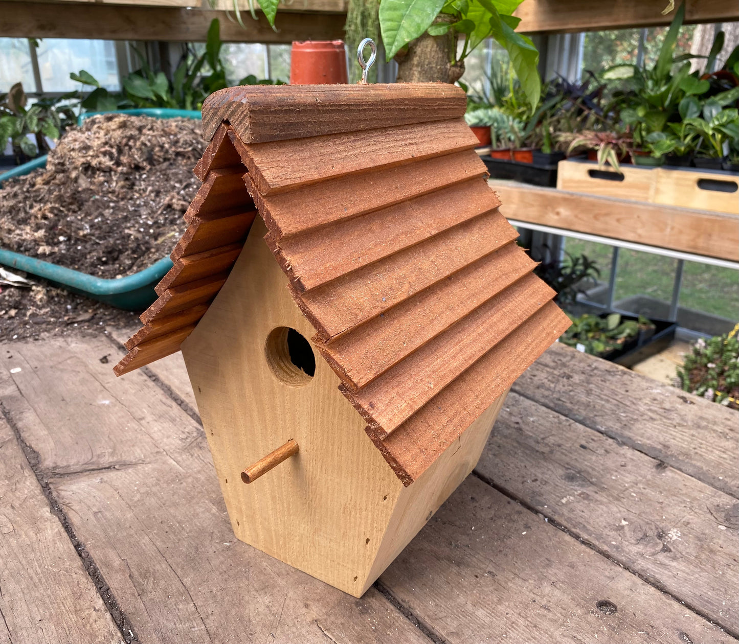 Handmade Birdhouse for Outdoor Use - Fresh Peach Milk Paint and Stained Roof