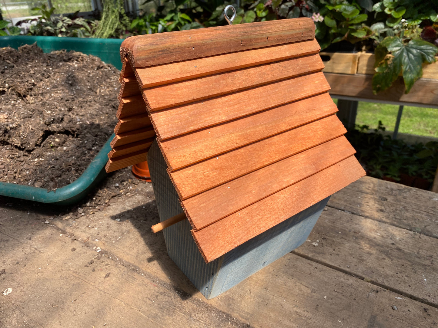 Handmade Birdhouse for Outdoor Use - Meetinghouse Blue Milk Paint and Stained Roof