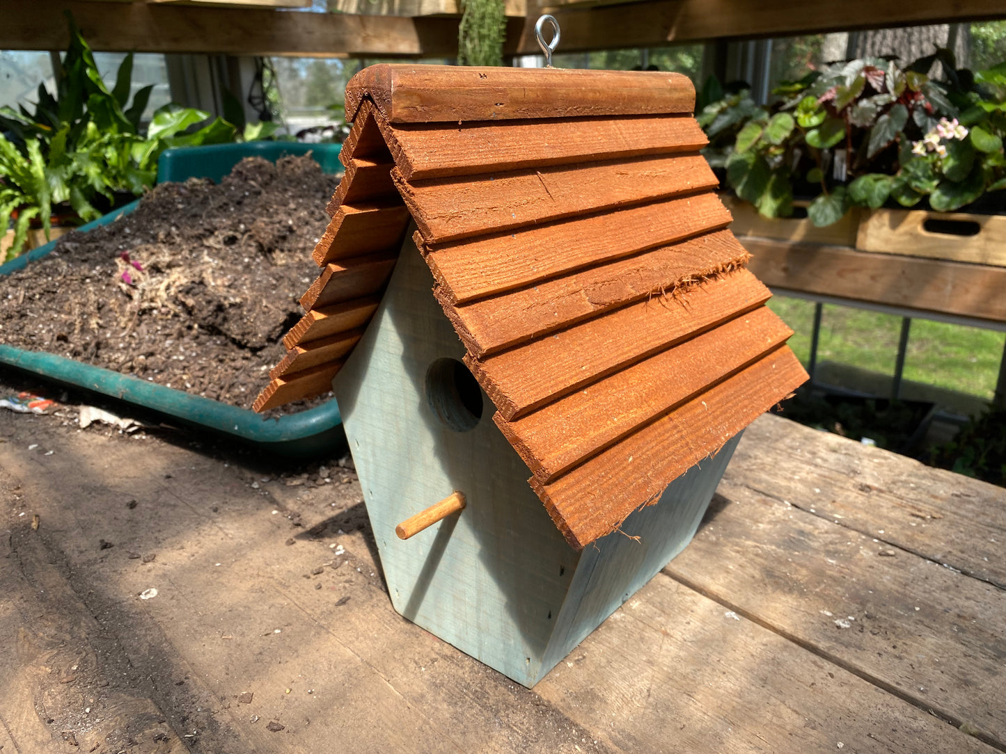 Handmade Birdhouse for Outdoor Use - Blue Spruce Milk Paint and Stained Roof