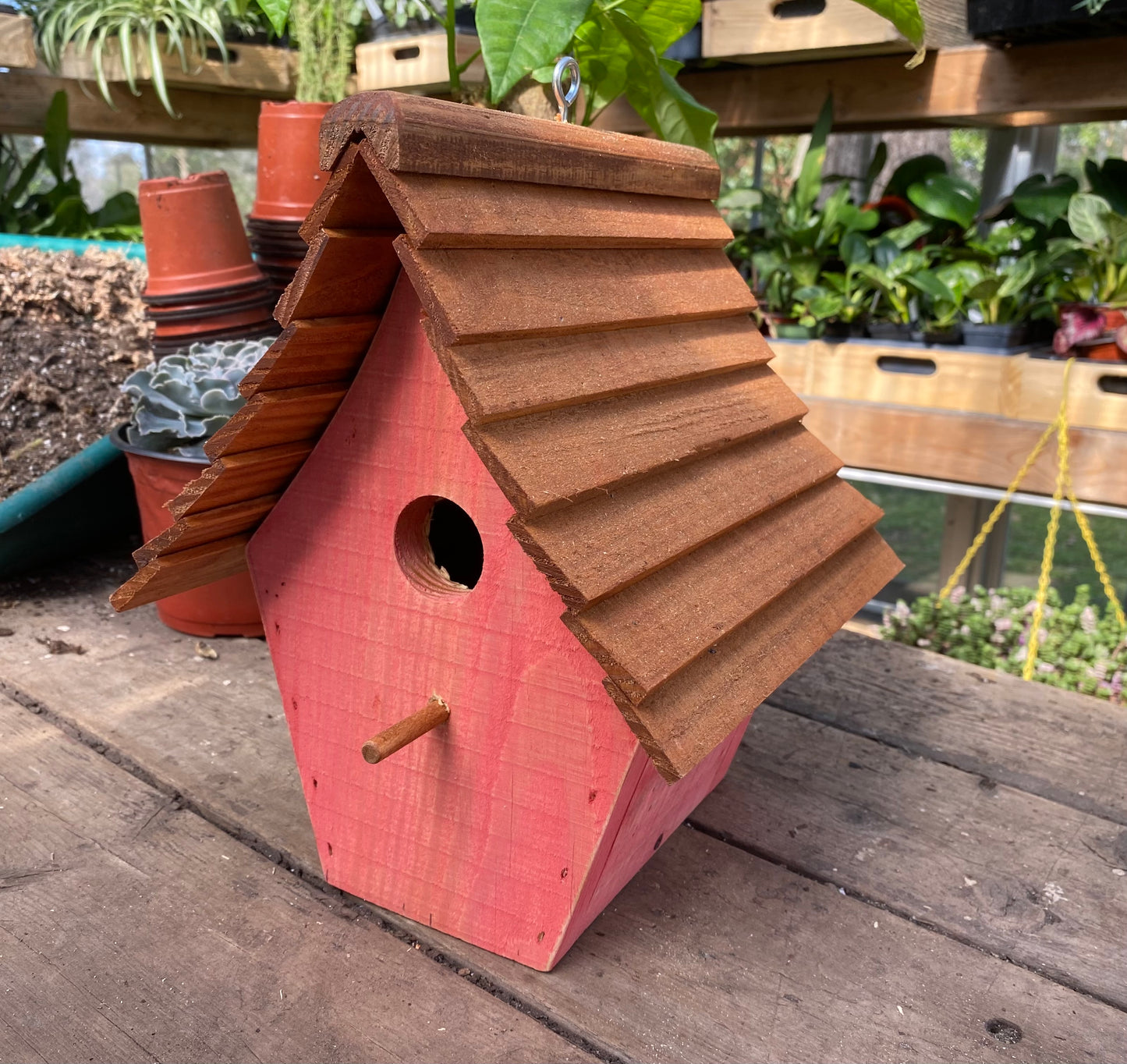 Handmade Birdhouse for Outdoor Use - Real Red Milk Paint and Stained Roof