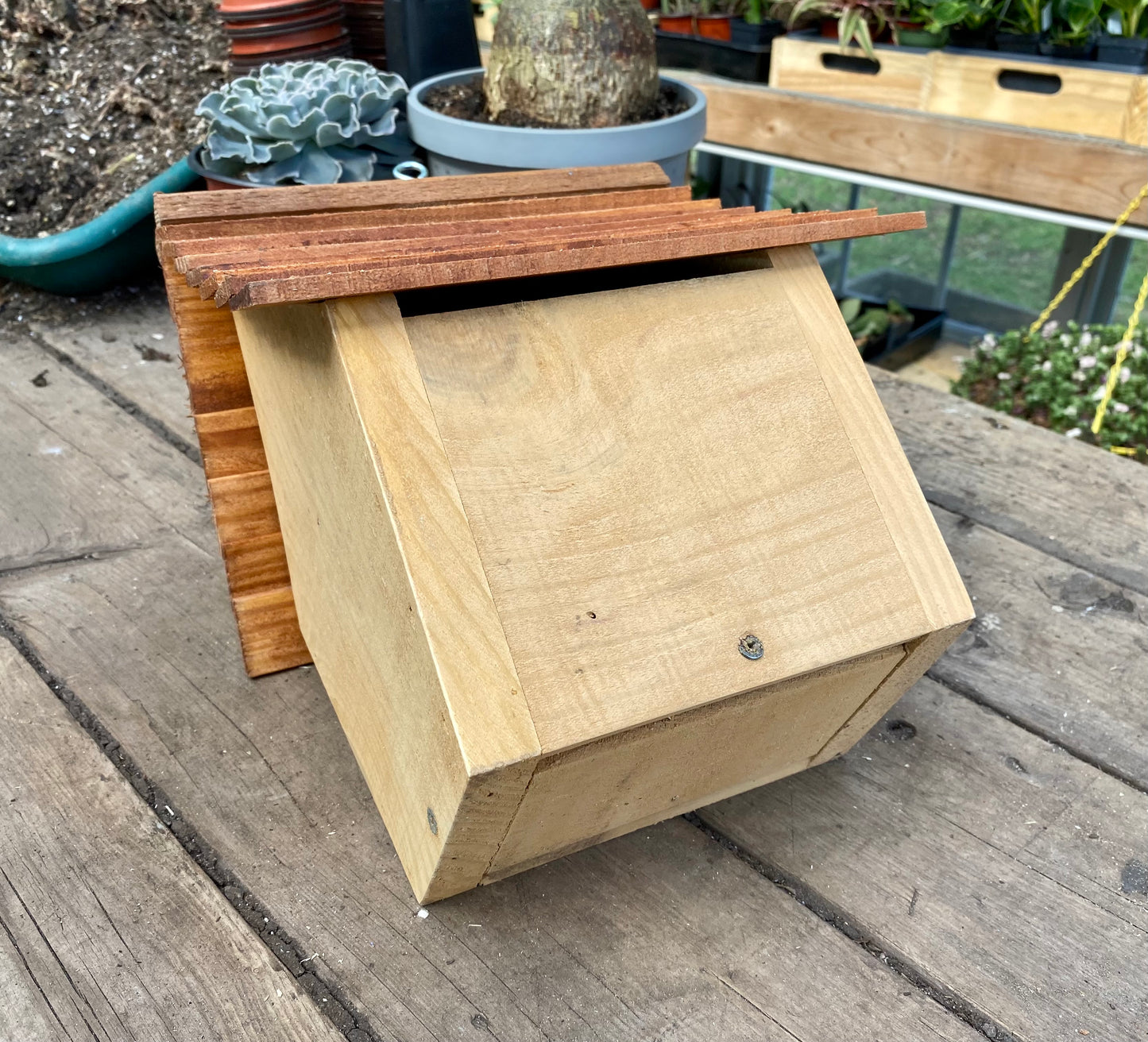 Handmade Birdhouse for Outdoor Use - Fresh Peach Milk Paint and Stained Roof