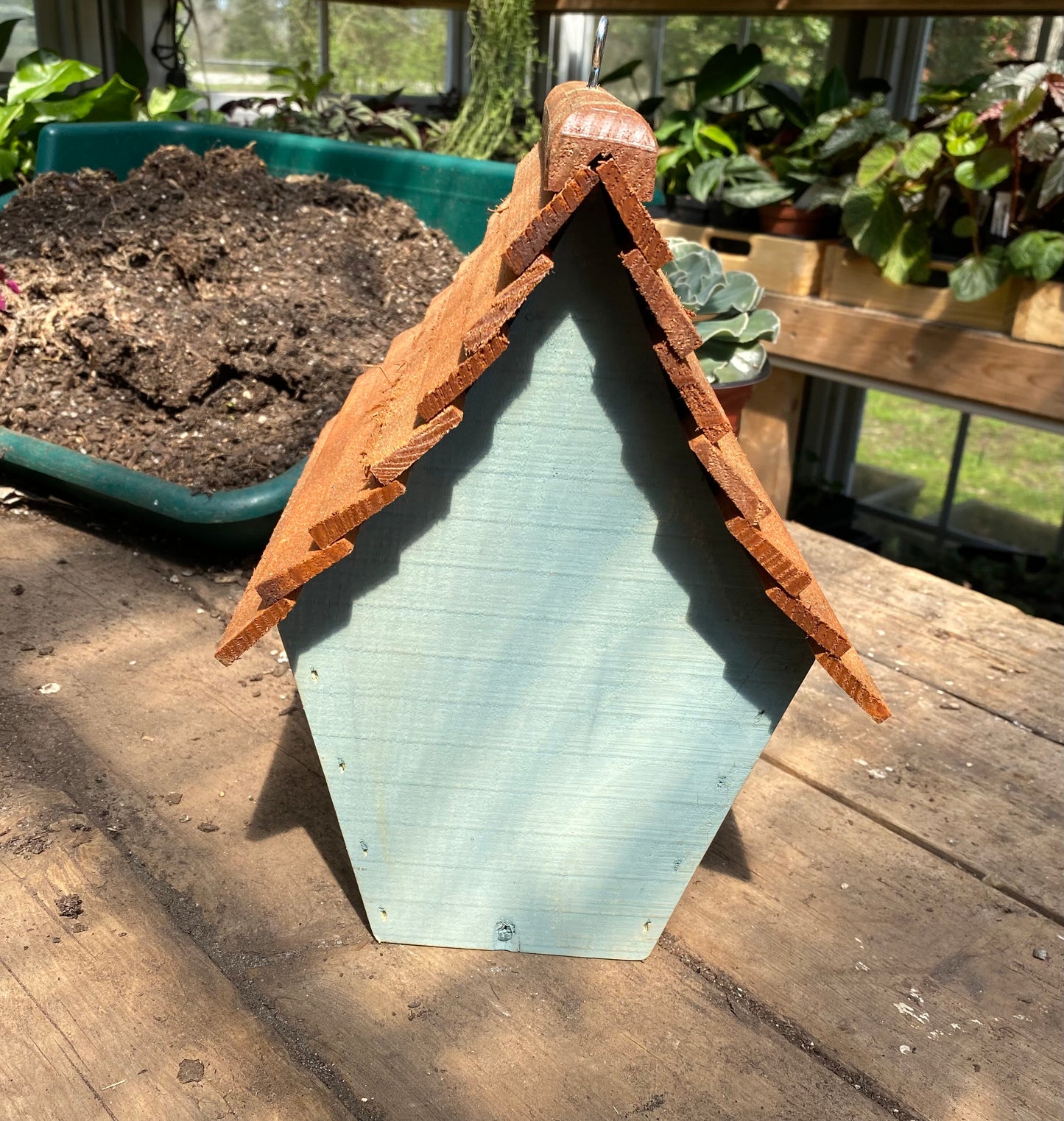 Handmade Birdhouse for Outdoor Use - Blue Spruce Milk Paint and Stained Roof