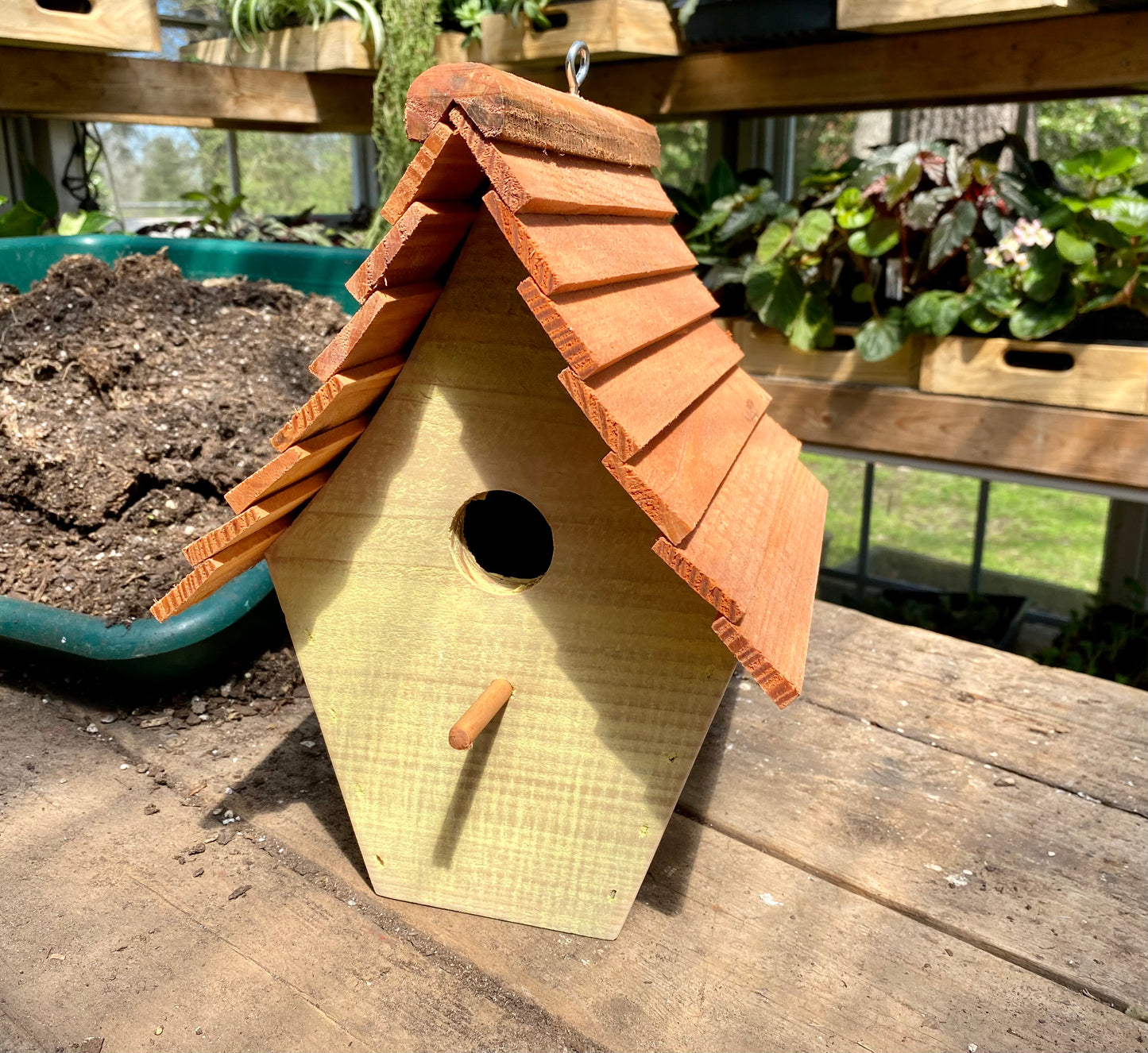 Handmade Birdhouse for Outdoor Use - Buttercup Yellow Milk Paint and Stained Roof