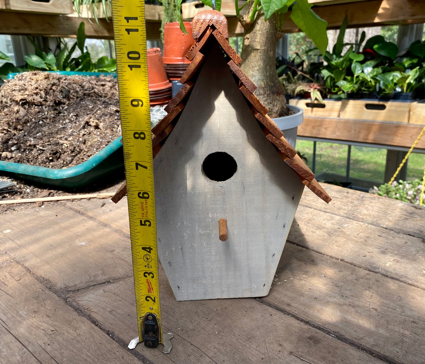 Handmade Birdhouse for Outdoor Use - Dove Gray Milk Paint and Stain Roof