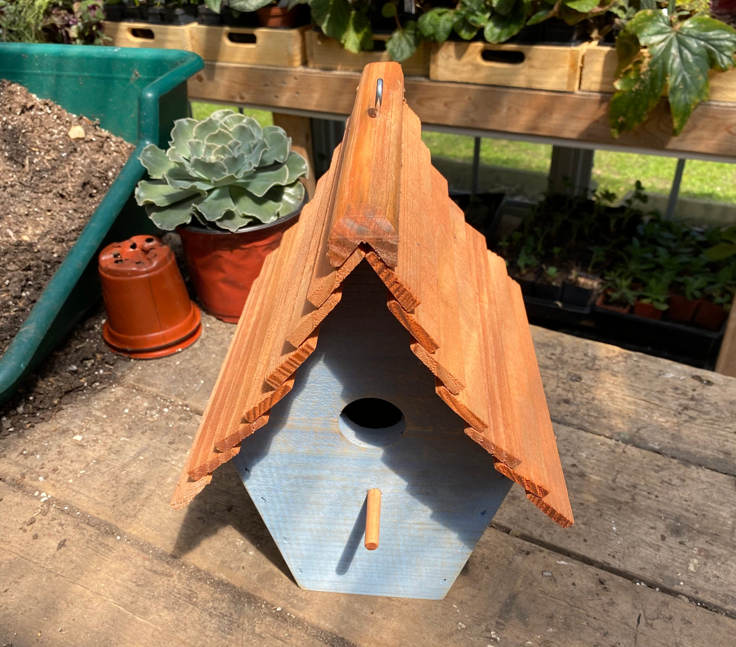 Handmade Birdhouse for Outdoor Use - Skimmed Blue Milk Paint and Stained Roof