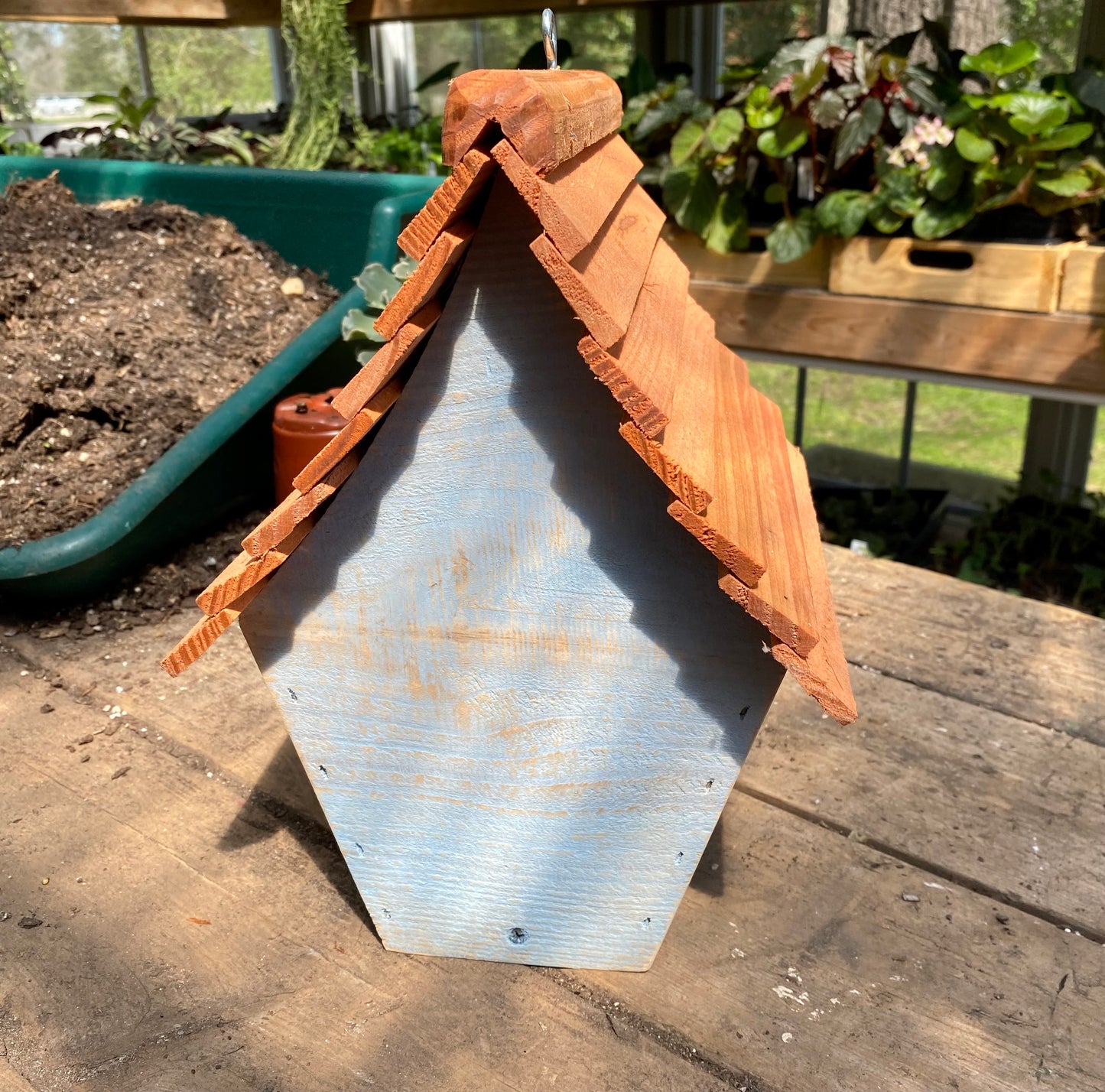 Handmade Birdhouse for Outdoor Use - Skimmed Blue Milk Paint and Stained Roof