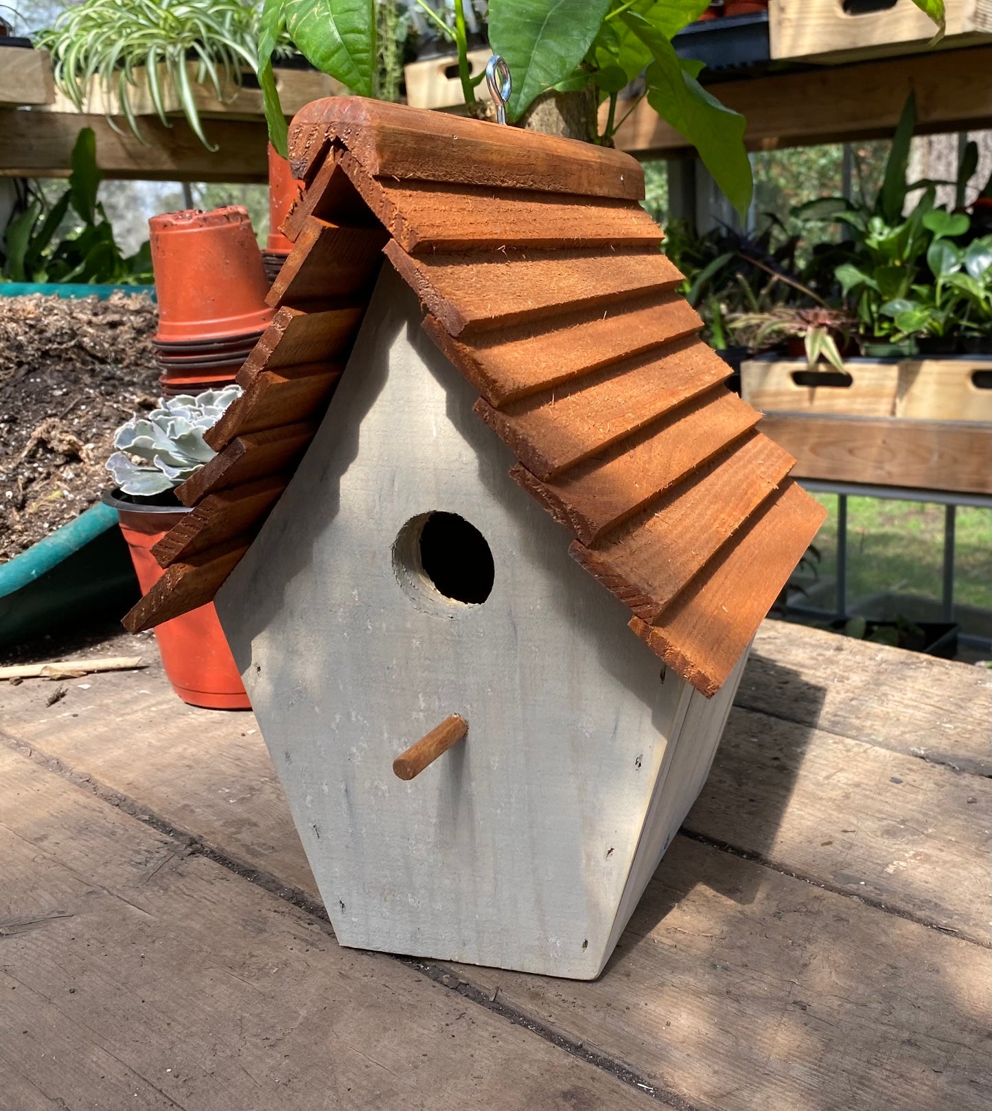 Handmade Birdhouse for Outdoor Use - Dove Gray Milk Paint and Stain Roof