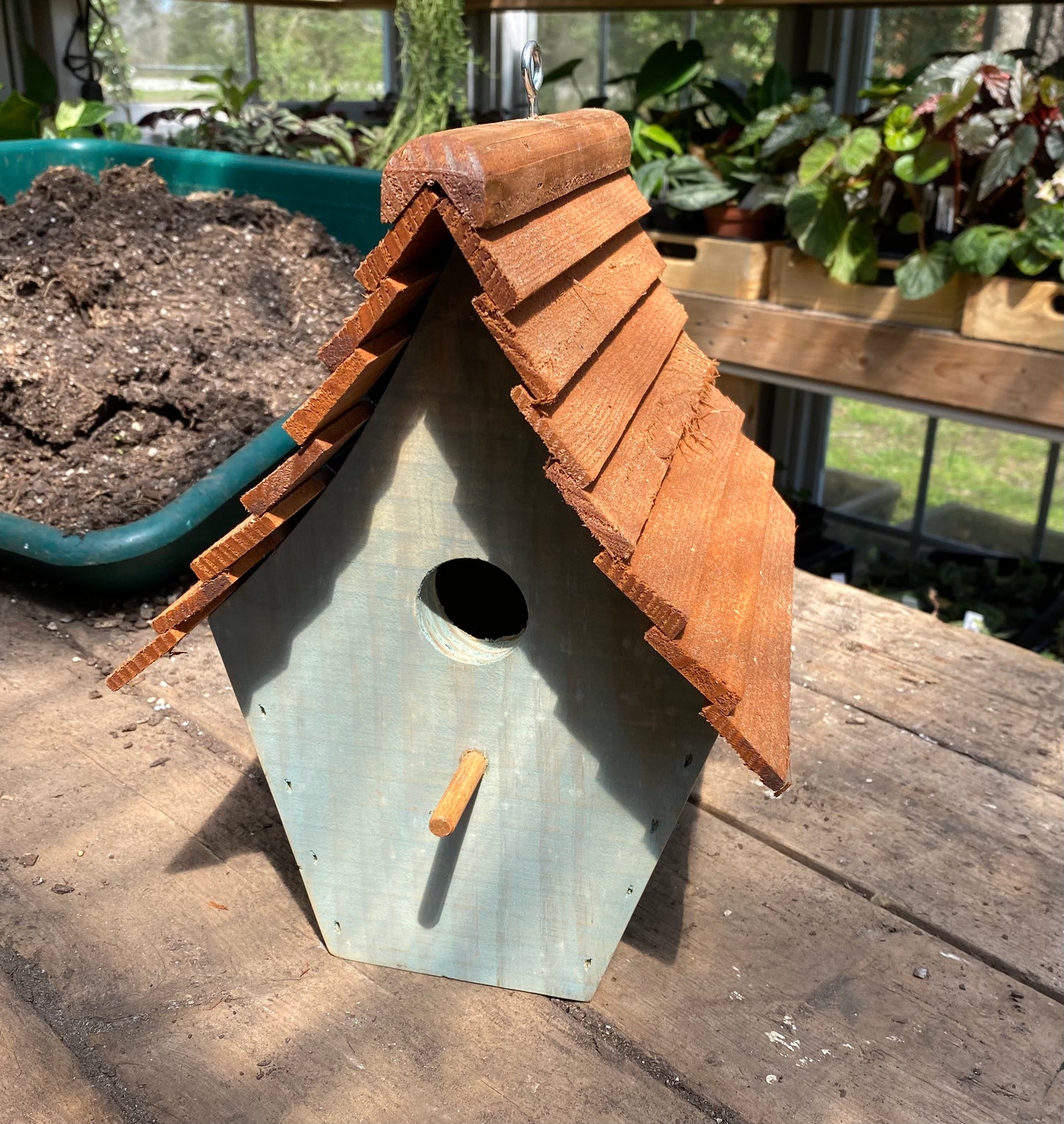 Handmade Birdhouse for Outdoor Use - Blue Spruce Milk Paint and Stained Roof