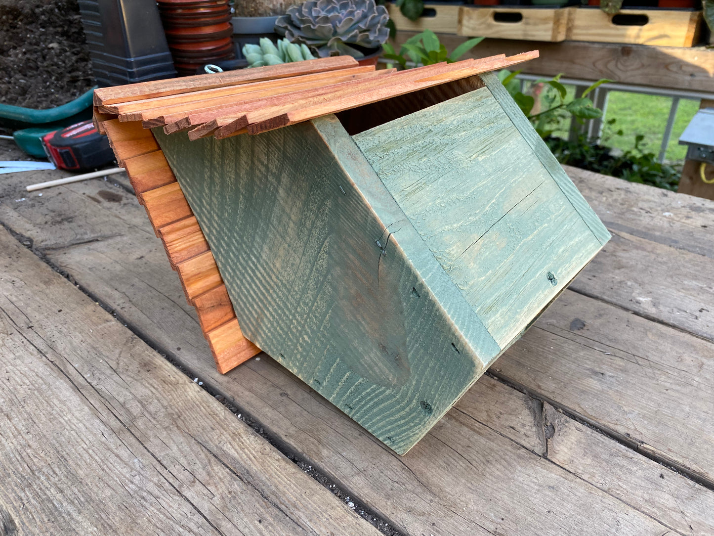 Handmade Birdhouse for Outdoor Use - Lexington Green Milk Paint and Stained Roof