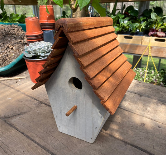 Handmade Birdhouse for Outdoor Use - Dove Gray Milk Paint and Stain Roof