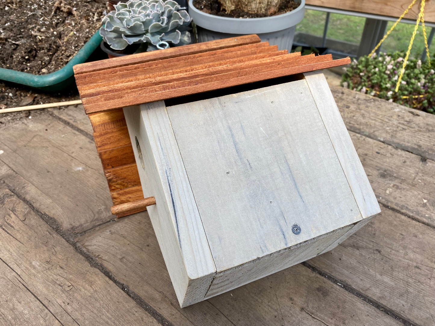 Handmade Birdhouse for Outdoor Use - Dove Gray Milk Paint and Stain Roof