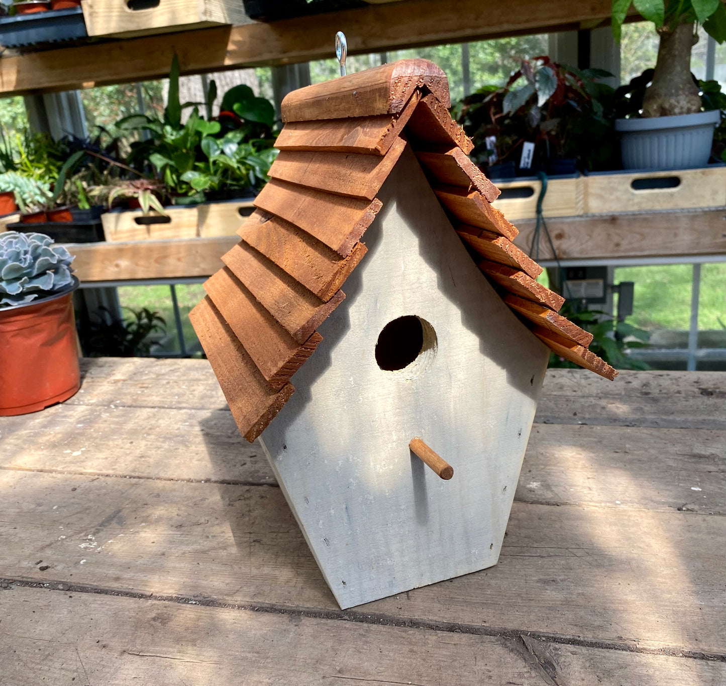 Handmade Birdhouse for Outdoor Use - Dove Gray Milk Paint and Stain Roof