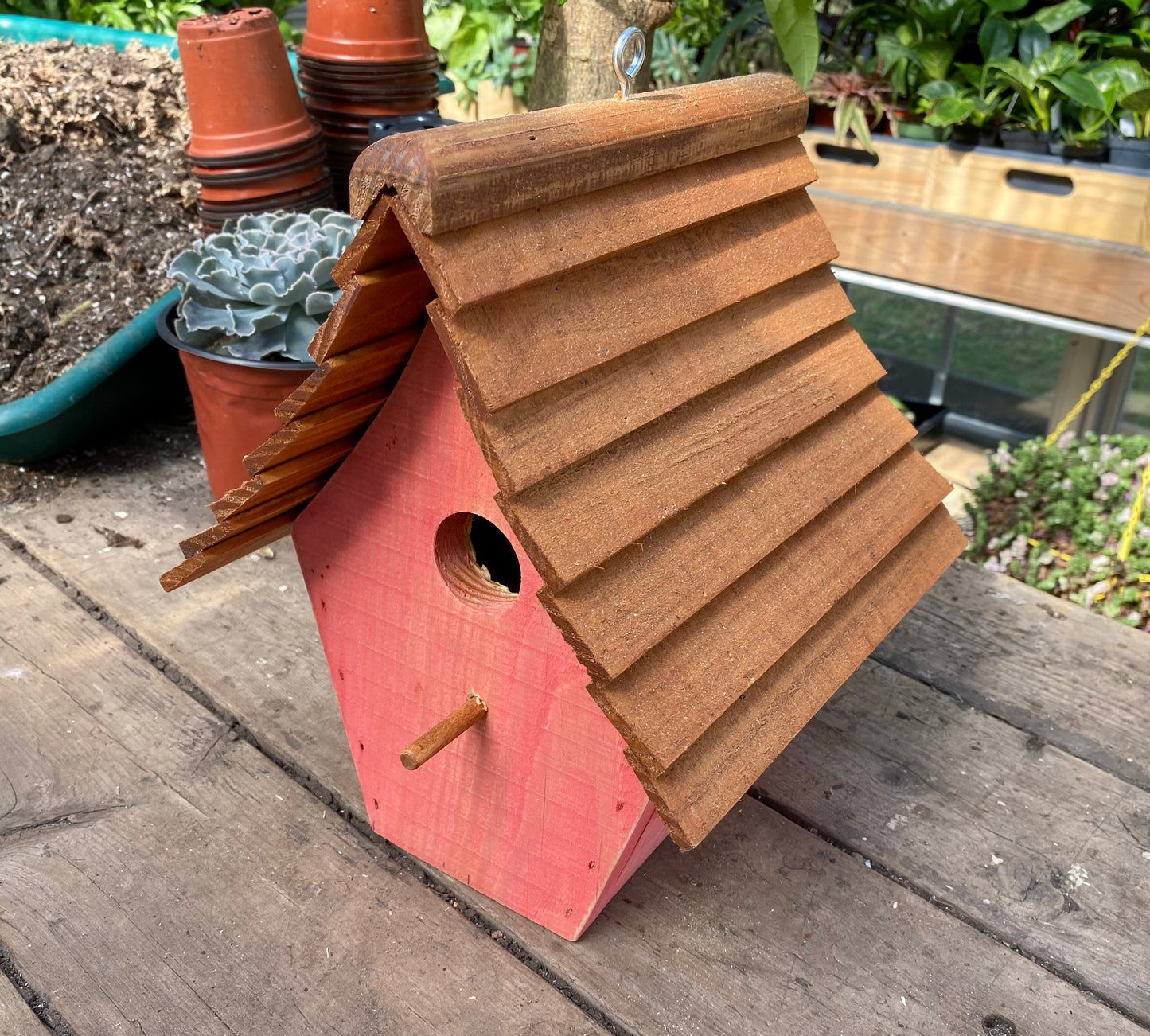 Handmade Birdhouse for Outdoor Use - Real Red Milk Paint and Stained Roof