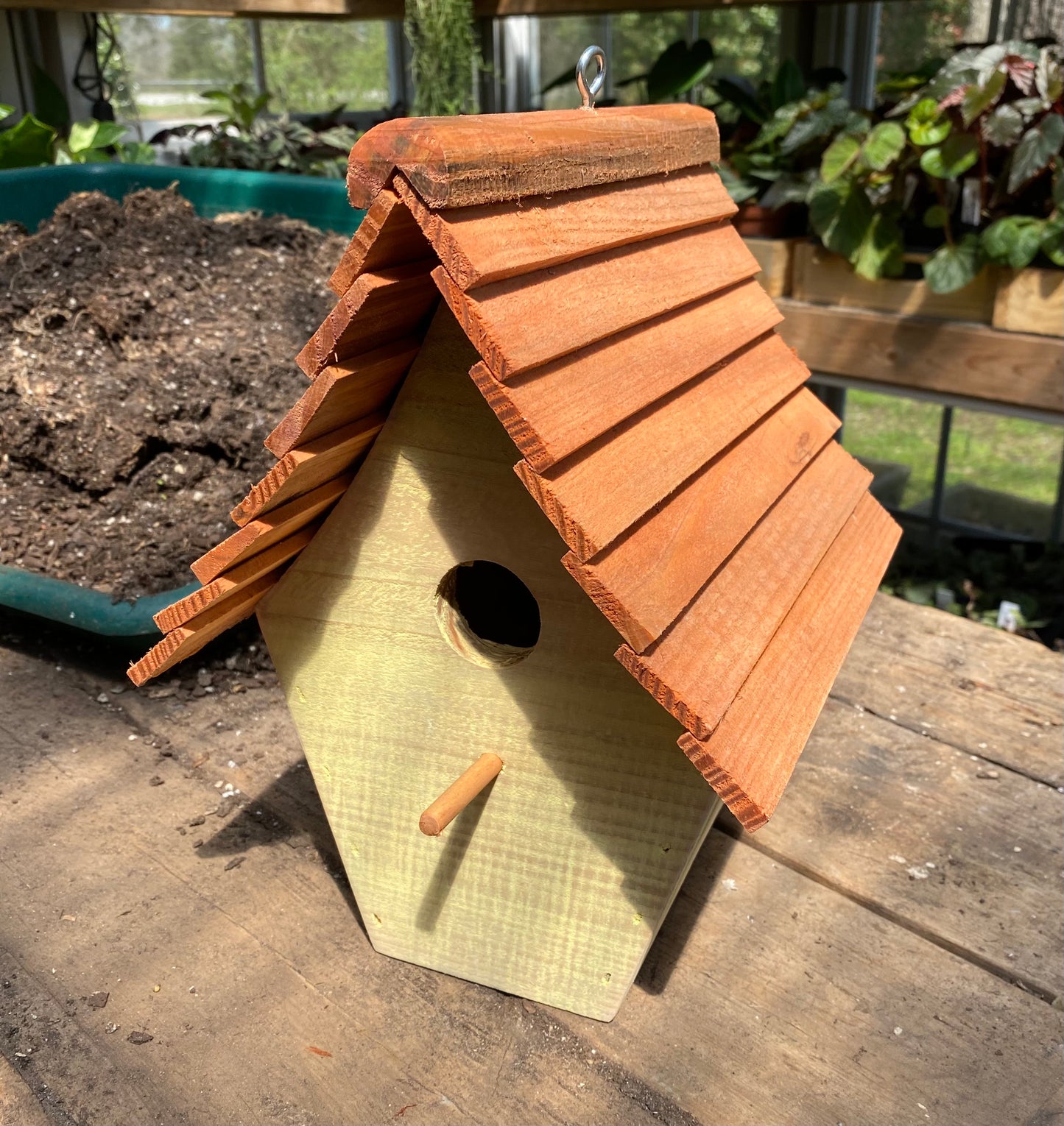 Handmade Birdhouse for Outdoor Use - Buttercup Yellow Milk Paint and Stained Roof