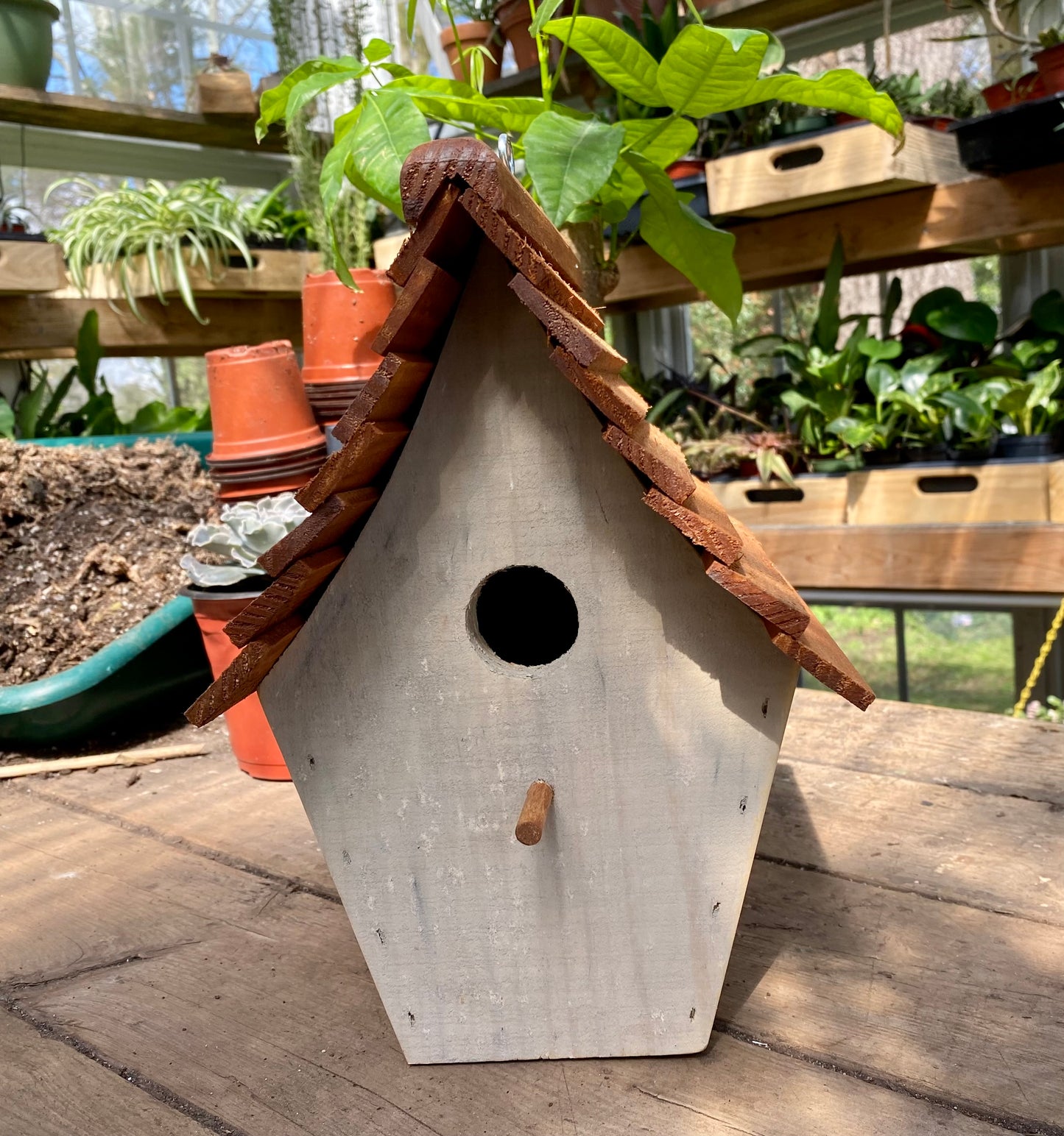 Handmade Birdhouse for Outdoor Use - Dove Gray Milk Paint and Stain Roof