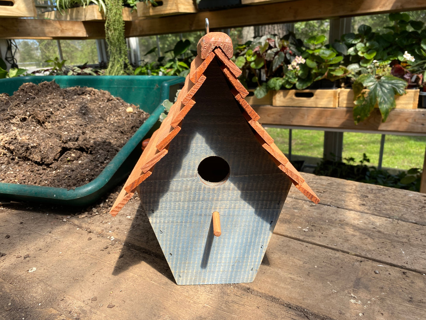 Handmade Birdhouse for Outdoor Use - Meetinghouse Blue Milk Paint and Stained Roof