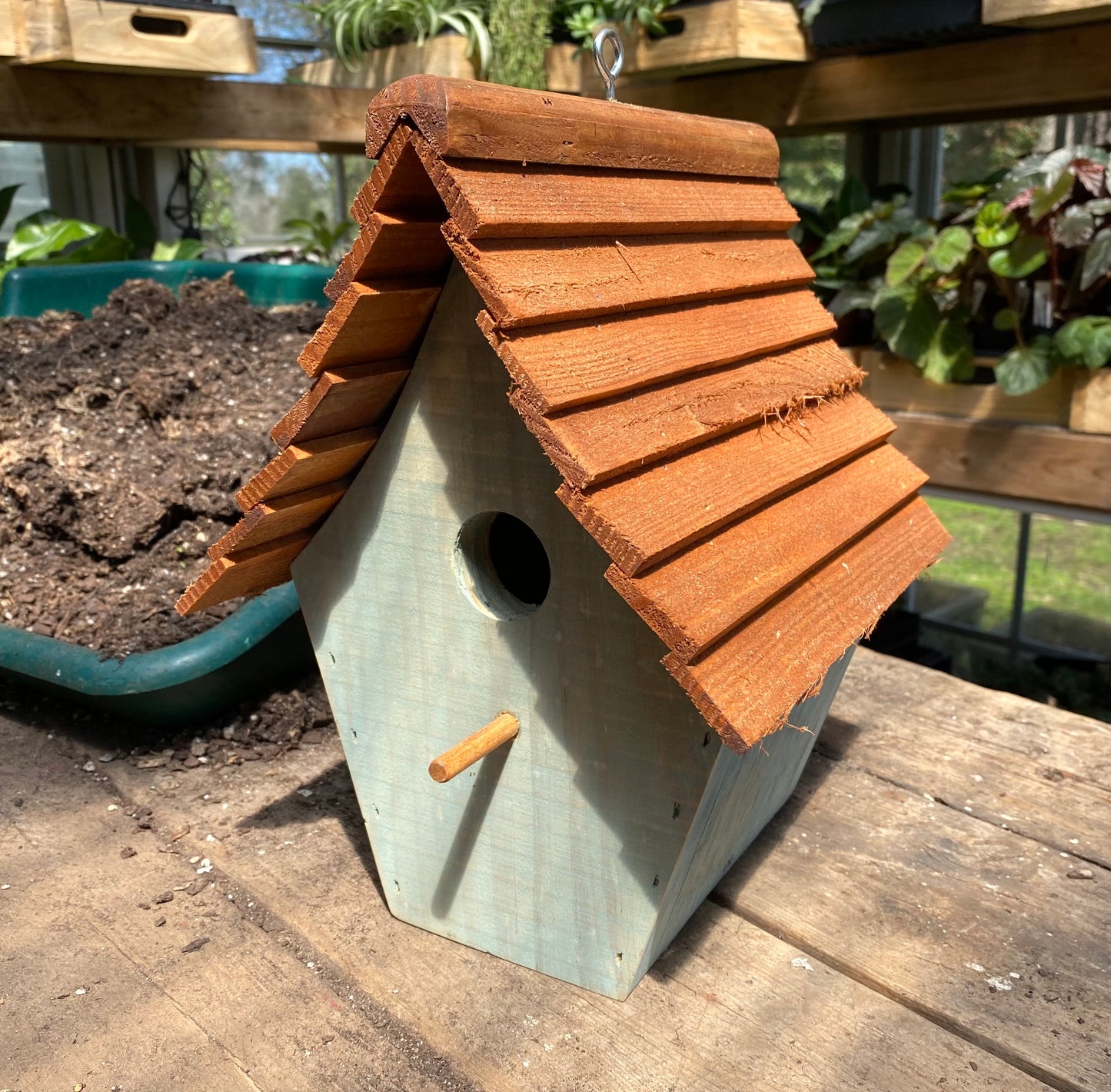 Handmade Birdhouse for Outdoor Use - Blue Spruce Milk Paint and Stained Roof