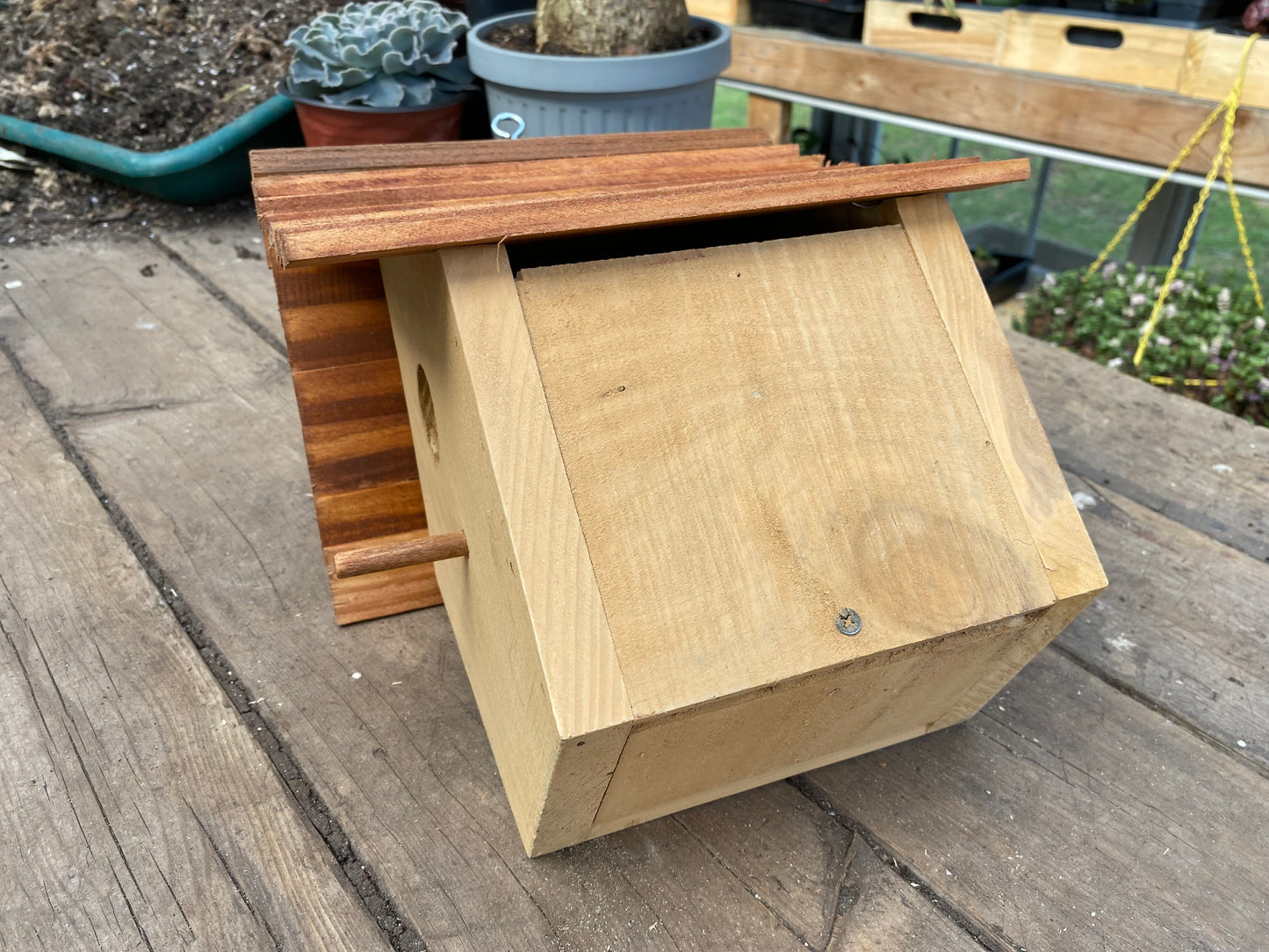 Handmade Birdhouse for Outdoor Use - Fresh Peach Milk Paint and Stained Roof