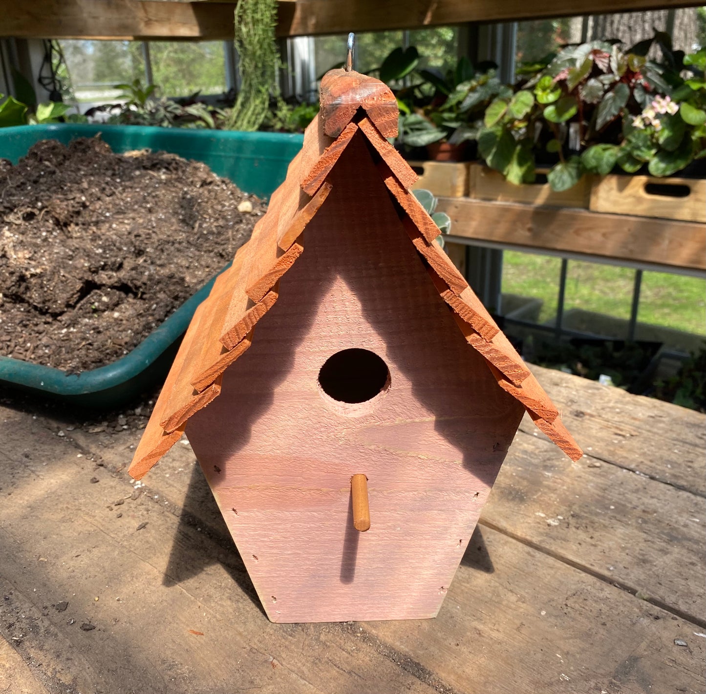 Handmade Birdhouse for Outdoor Use - Sweet Rose Pink Milk Paint and Stained Roof