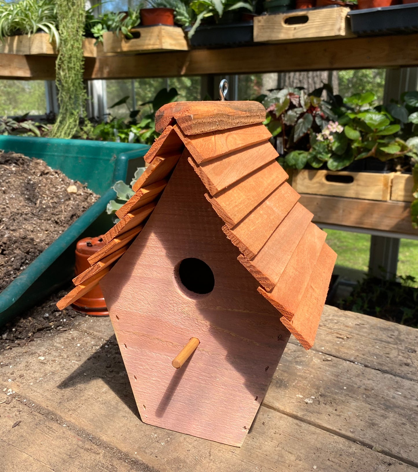 Handmade Birdhouse for Outdoor Use - Sweet Rose Pink Milk Paint and Stained Roof