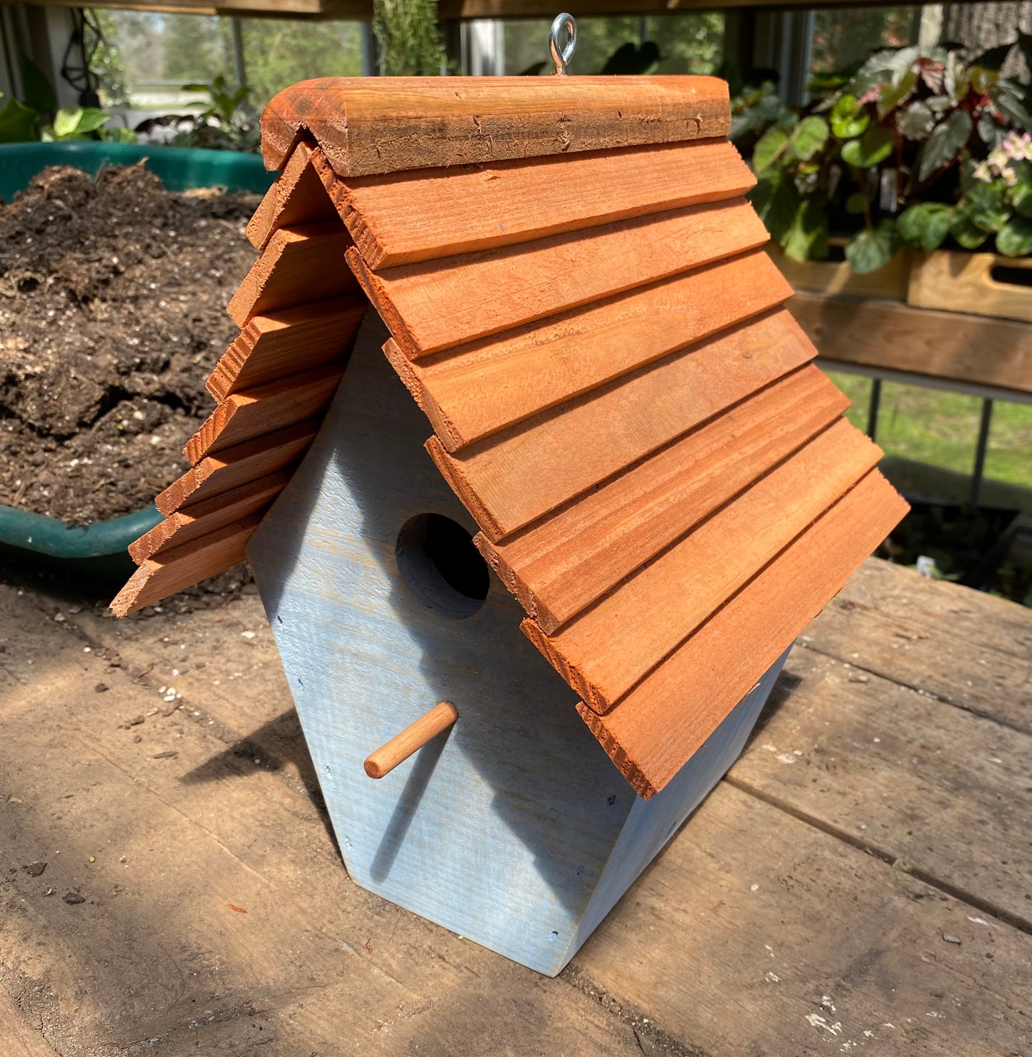 Handmade Birdhouse for Outdoor Use - Skimmed Blue Milk Paint and Stained Roof