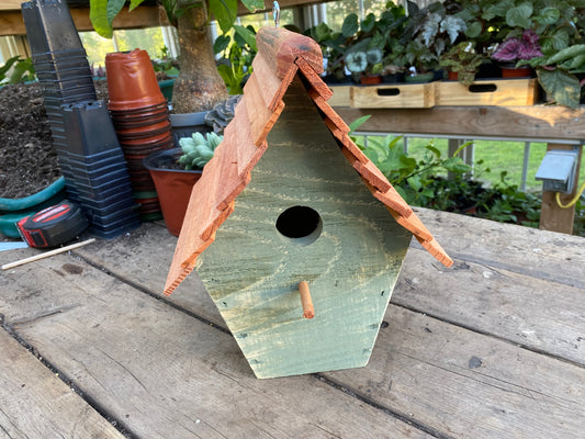 Handmade Birdhouse for Outdoor Use - Lexington Green Milk Paint and Stained Roof